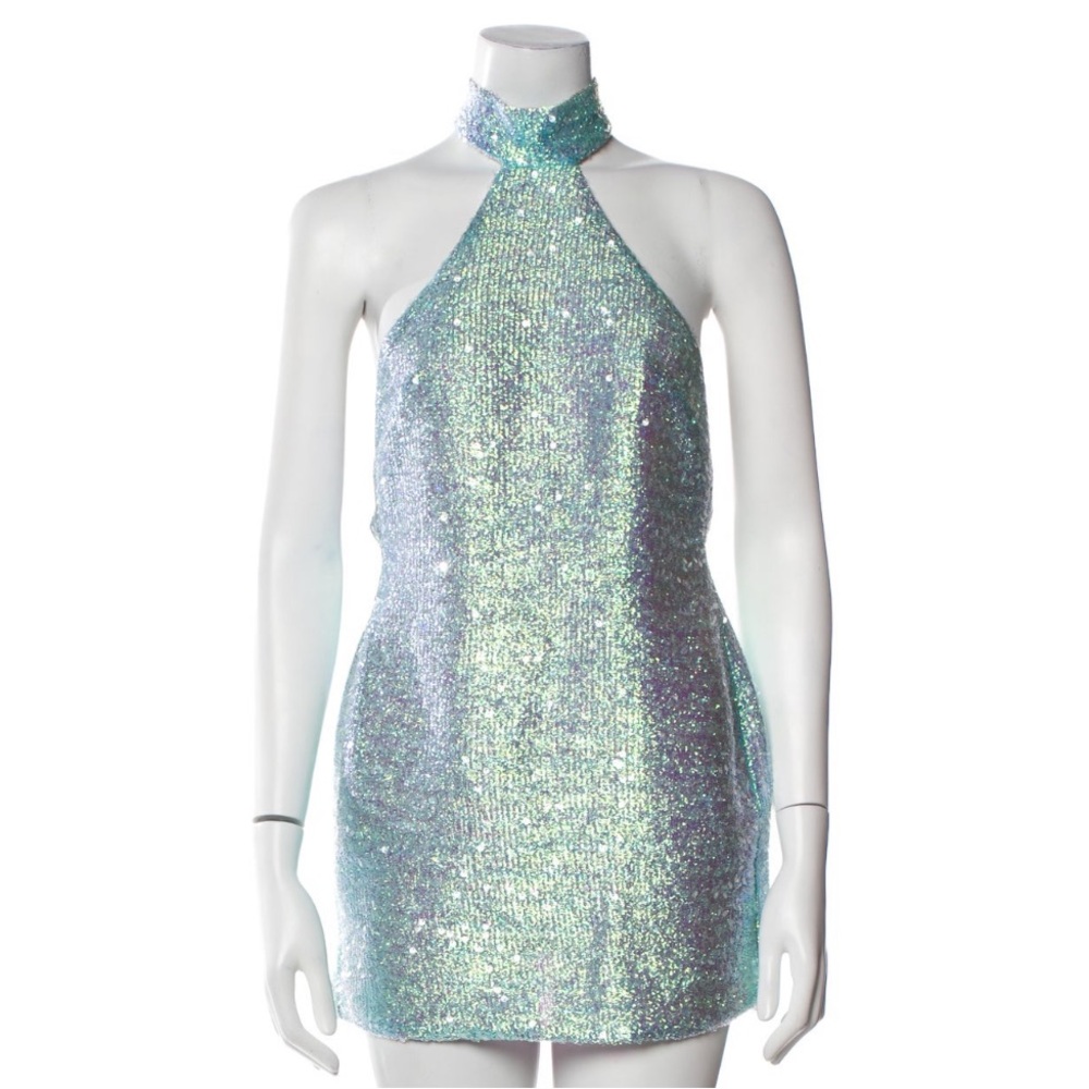 The Dolls House Iridescent Aqua Sequin Halter Mini Dress
